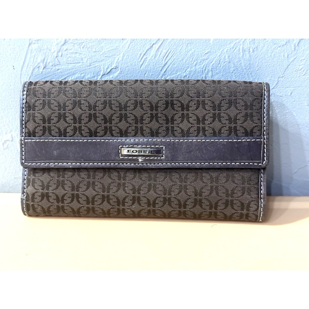 Fossil Tri-Fold Brown Canvas Signature Logo Black Leather Trim Checkbook Wallet‎